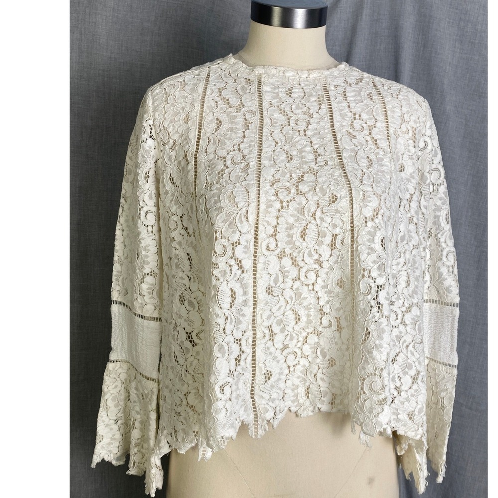 Lumie Cream Lace Bell Sleeve Cropped Blouse Top Boho Cottagecore Feminine S‎